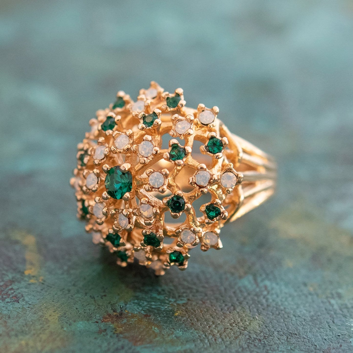 Vintage Ring Emerald Swarovski Crystal and Pinfire Opal Burst Ring 18k Gold  R195 - Limited Stock - Never Worn