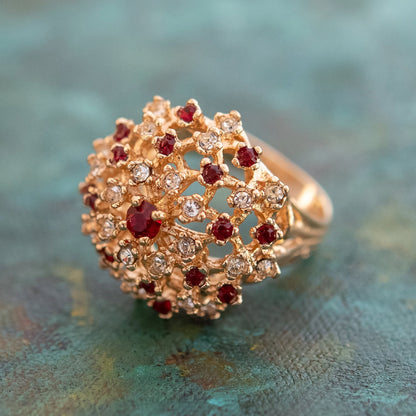 Vintage Ring Ruby and Clear Swarovski Crystal Burst Ring 18k Gold  R195 - Limited Stock - Never Worn
