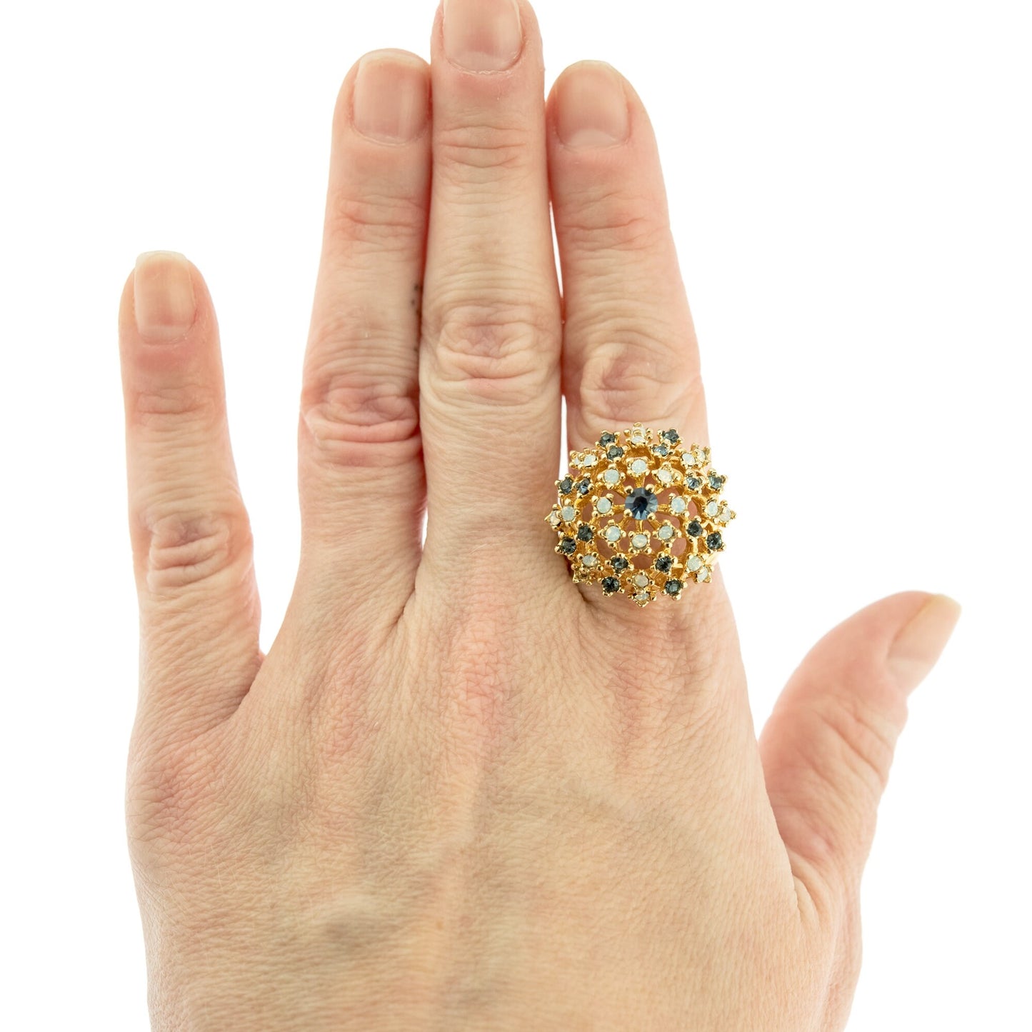 Vintage Ring Sapphire Swarovski Crystal and Pinfire Opal Burst Ring 18k Gold R195 Antique Womans Jewelry - Limited Stock - Never Worn