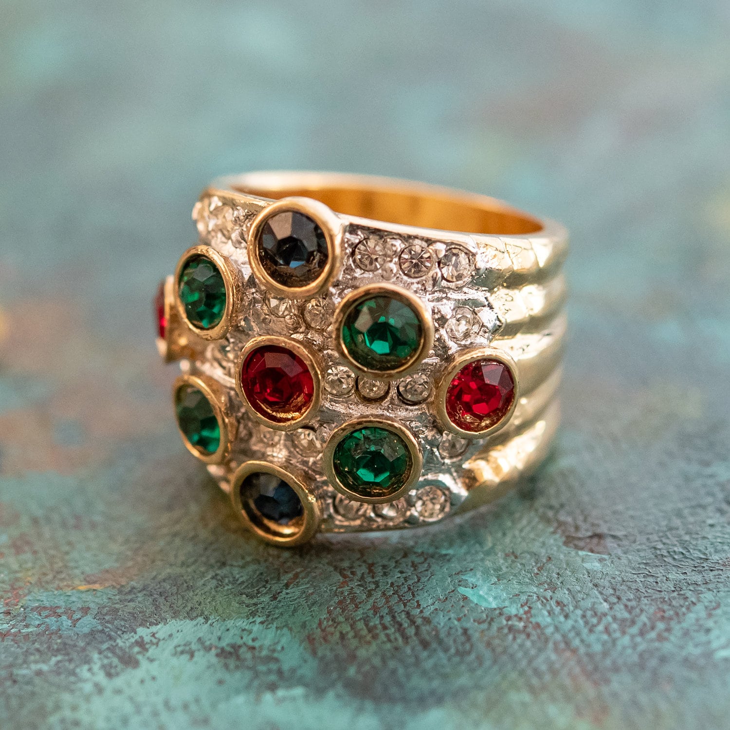 Vintage Ring Pave Multi Color and Clear Swarovski Crystal Ring 18k Gold  R3111 - Limited Stock - Never Worn