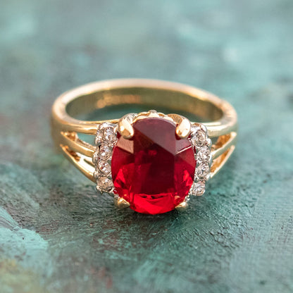 Vintage Ring 1980's Ruby Cubic Zirconia Ring with Clear Swarovski Crystals 18k Gold  R1664 - Limited Stock - Never Worn