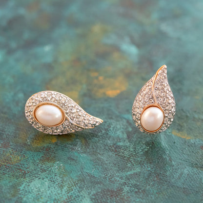 Vintage Earrings Pearl Earrings 18kt Gold Swarovski Crystals Pierced or Screw Back Clip Earrings #E359