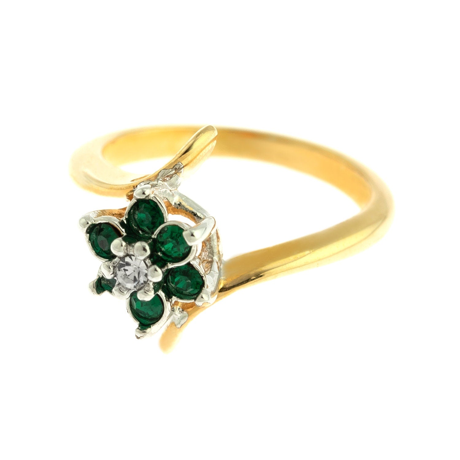A Vintage Ring 1970's Emerald and Swarovski Crystal Ring 18kt Gold Flower Ring Jewelry Handmade for Women R842 - Limited Stock - Never Worn