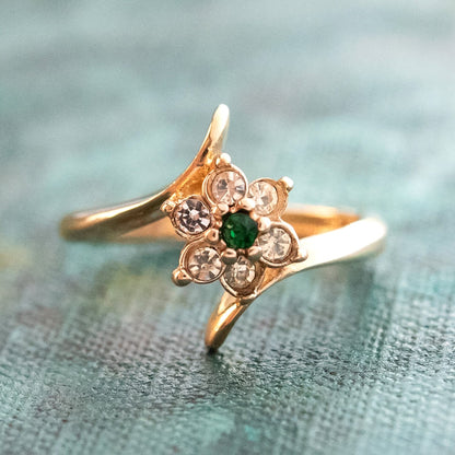 A Vintage Ring 1970's Emerald and Swarovski Crystal Ring 18kt Gold Flower Ring Jewelry Handmade for Women R842