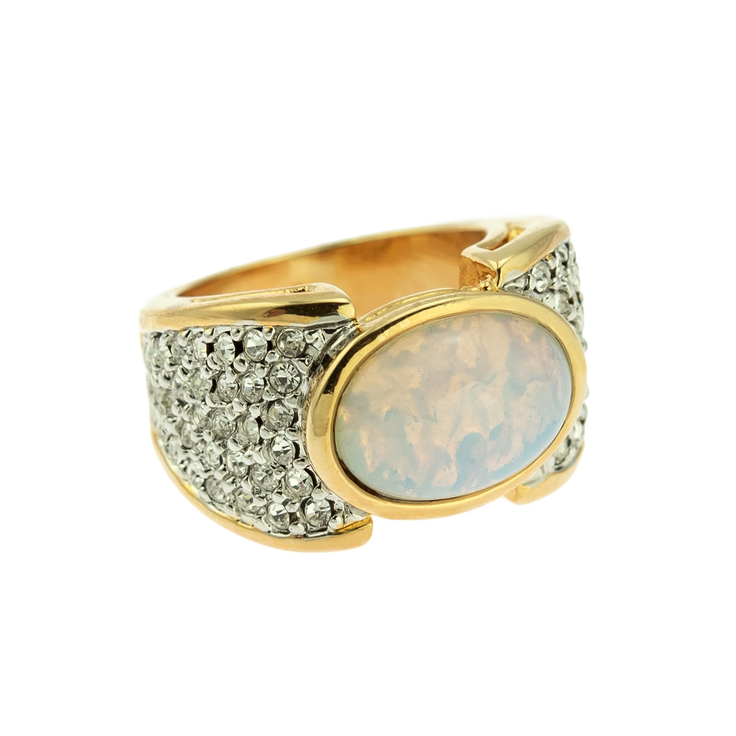 Vintage Ring Genuine Pinfire Opal and Clear Swarovski Crystal Cocktail Ring 18k Gold Antique Jewelry for Women R1934