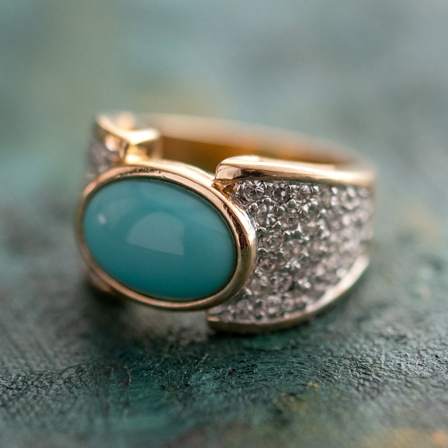 Vintage Ring Turquoise Glass Bead Clear Swarovski Crystals Cocktail Ring 18k Gold Antique Jewlery Womans R1934 - Limited Stock - Never Worn