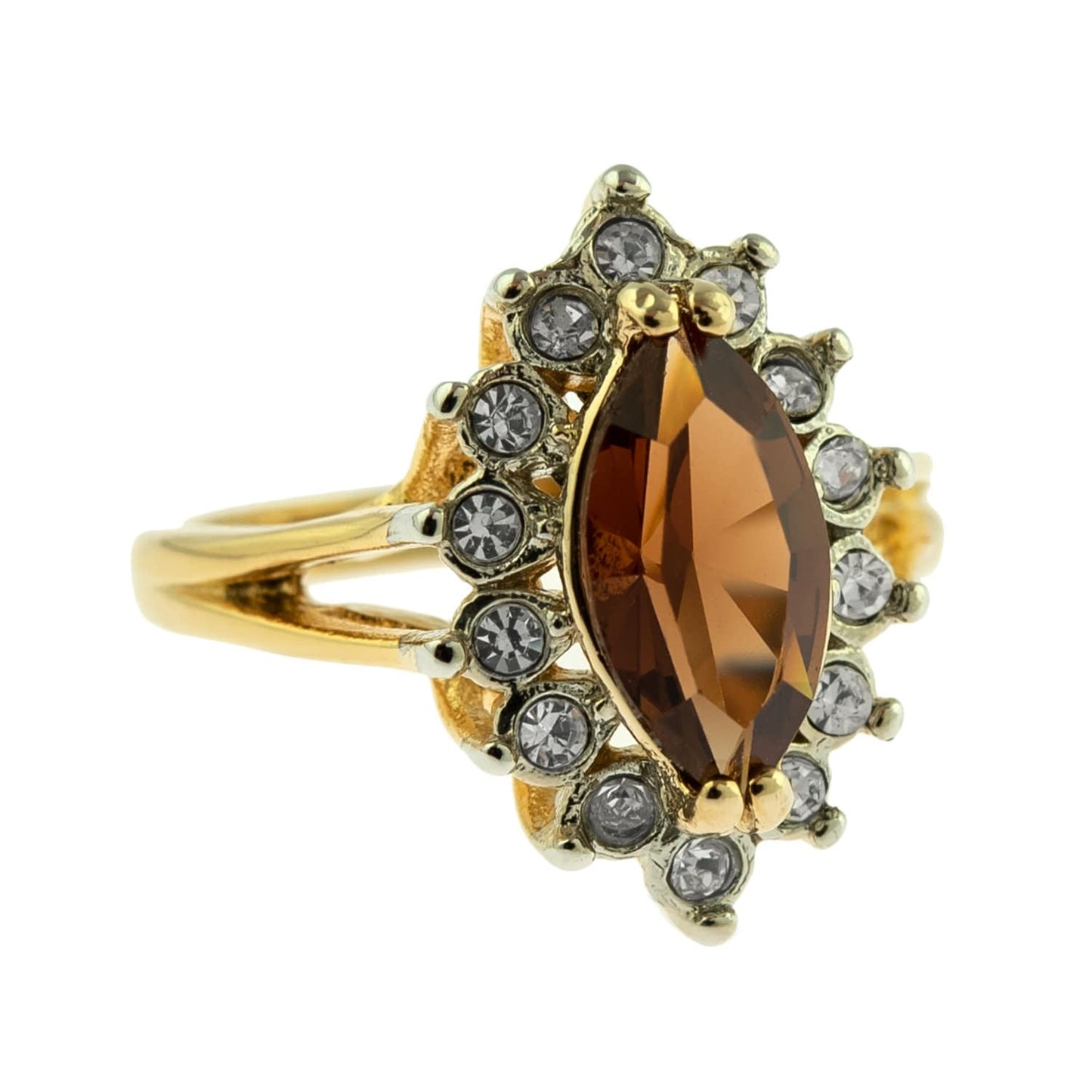 Vintage Ring Smoke Topaz and Clear Swarovski Crystals 18k Gold Plated Antique Womans Jewelry Topaz #R1891 - Limited Stock - Never Worn