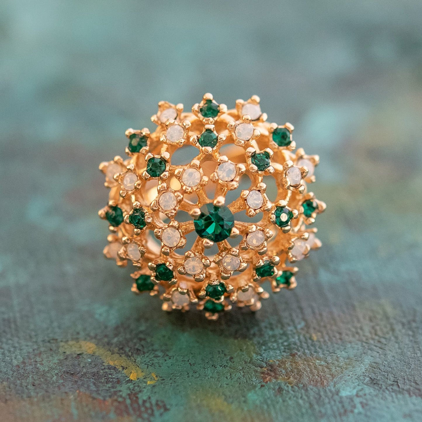 Vintage Ring Emerald Swarovski Crystal and Pinfire Opal Burst Ring 18k Gold  R195 - Limited Stock - Never Worn