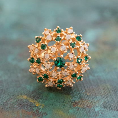Vintage Ring Emerald Swarovski Crystal and Pinfire Opal Burst Ring 18k Gold  R195 - Limited Stock - Never Worn