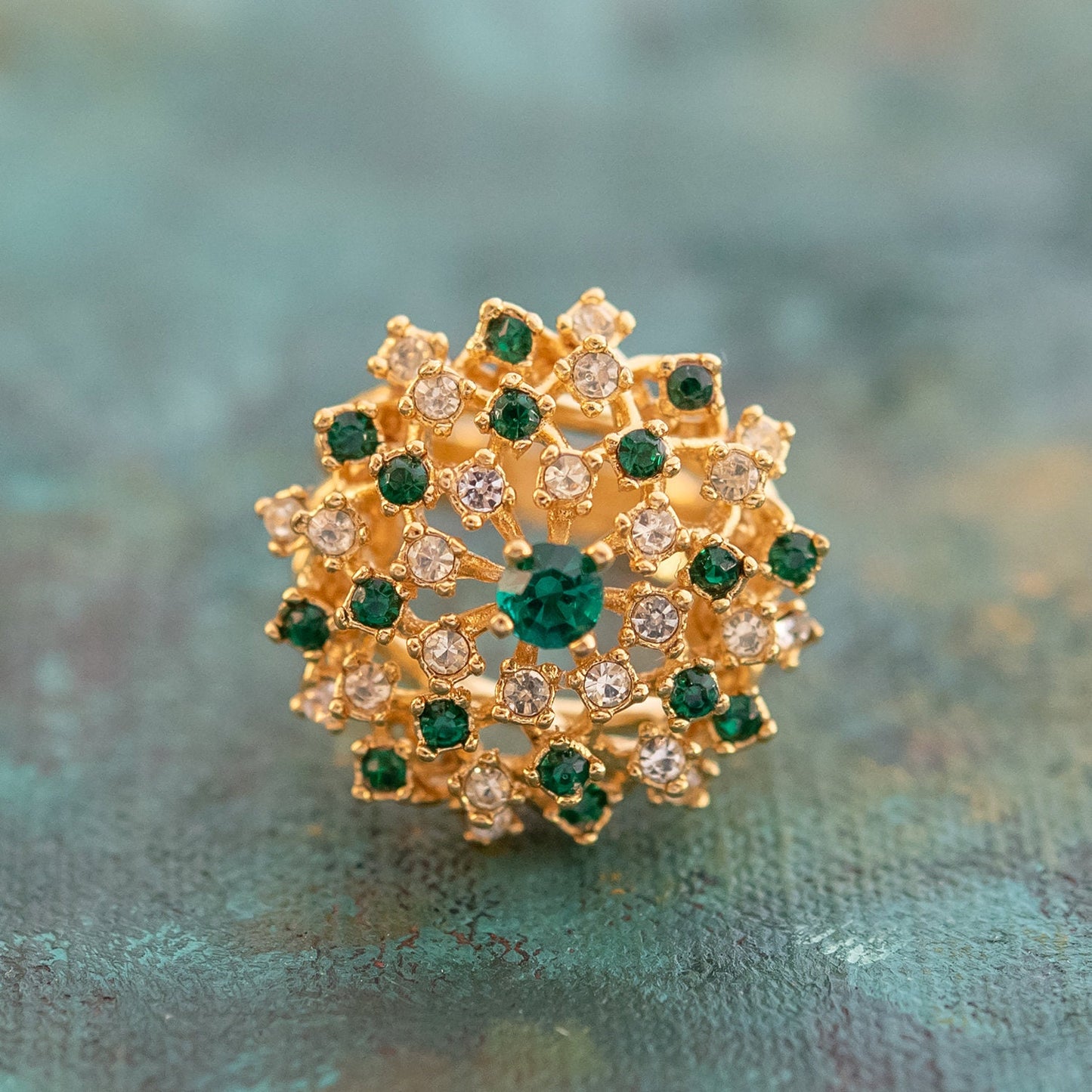 Vintage Ring Emerald and Clear Swarovski Crystal Burst Ring 18k Gold R195 Antique Womans Jewelry - Limited Stock - Never Worn