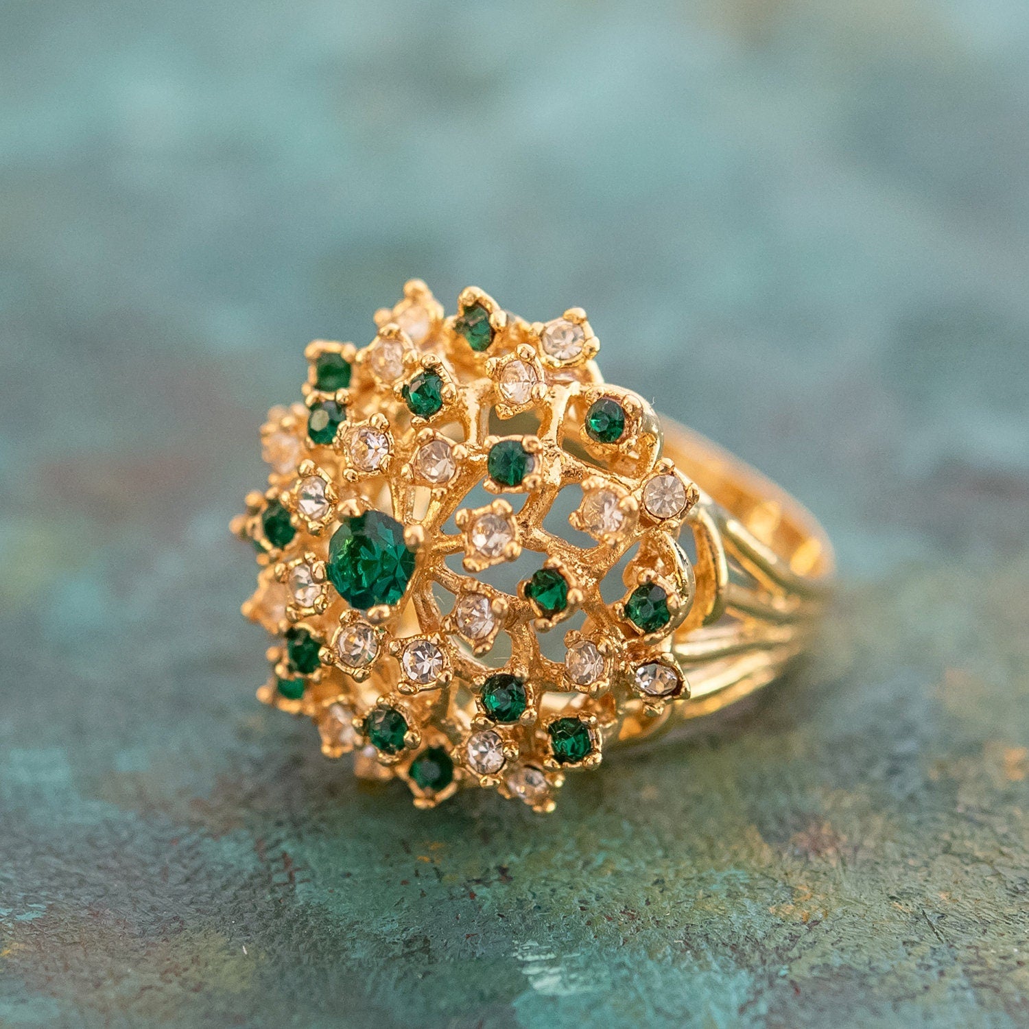 Vintage Ring Emerald and Clear Swarovski Crystal Burst Ring 18k Gold R195 Antique Womans Jewelry - Limited Stock - Never Worn