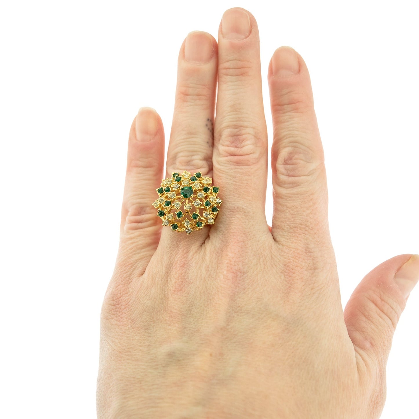 Vintage Ring Emerald and Clear Swarovski Crystal Burst Ring 18k Gold R195 Antique Womans Jewelry - Limited Stock - Never Worn