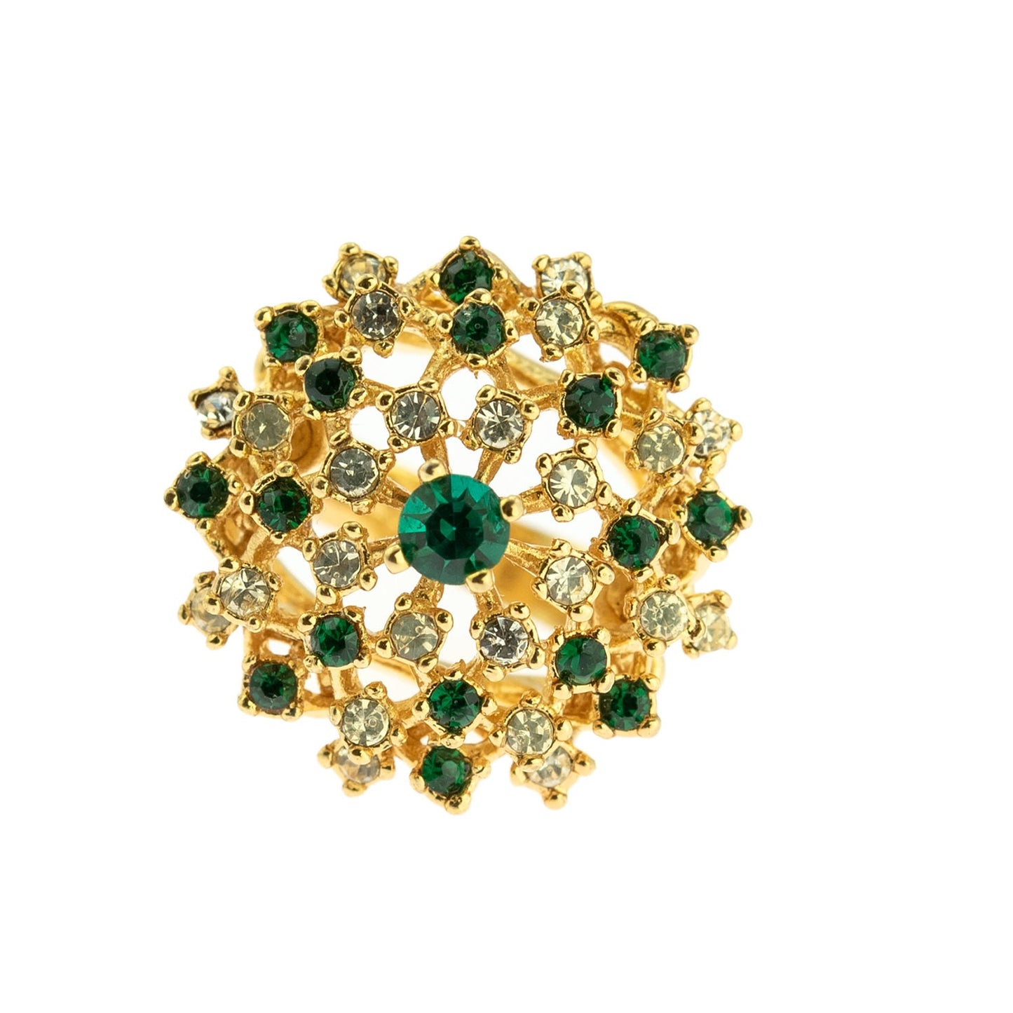 Vintage Ring Emerald and Clear Swarovski Crystal Burst Ring 18k Gold R195 Antique Womans Jewelry - Limited Stock - Never Worn