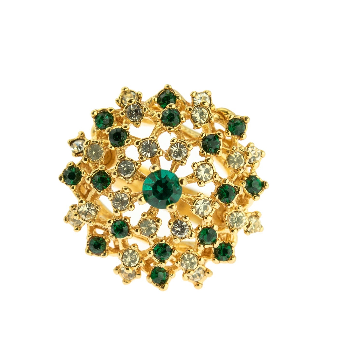 Vintage Ring Emerald and Clear Swarovski Crystal Burst Ring 18k Gold R195 Antique Womans Jewelry - Limited Stock - Never Worn