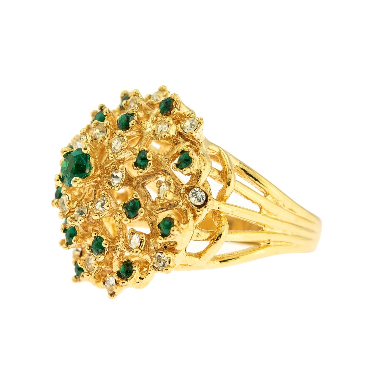 Vintage Ring Emerald and Clear Swarovski Crystal Burst Ring 18k Gold R195 Antique Womans Jewelry - Limited Stock - Never Worn