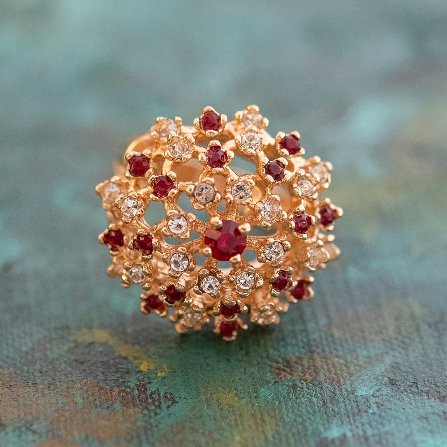 Vintage Ring Ruby and Clear Swarovski Crystal Burst Ring 18k Gold  R195 - Limited Stock - Never Worn