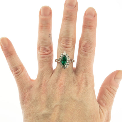 Vintage Ring Emerald and Clear Swarovski Crystals 18k White Gold Silver Ring May Birthstone R1891 - Limited Stock - Never Worn