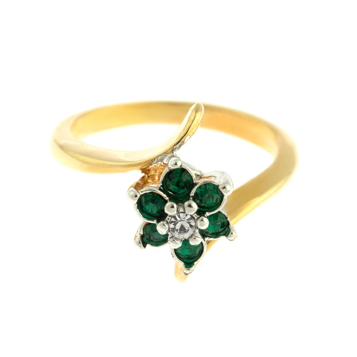 A Vintage Ring 1970's Emerald and Swarovski Crystal Ring 18kt Gold Flower Ring Jewelry Handmade for Women R842 - Limited Stock - Never Worn