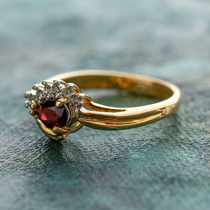 Vintage Ring Genuine Garnet and Clear Swarovski Crystals 18kt Gold Womans Antique Jewelry #R2945 - Limited Stock - Never Worn