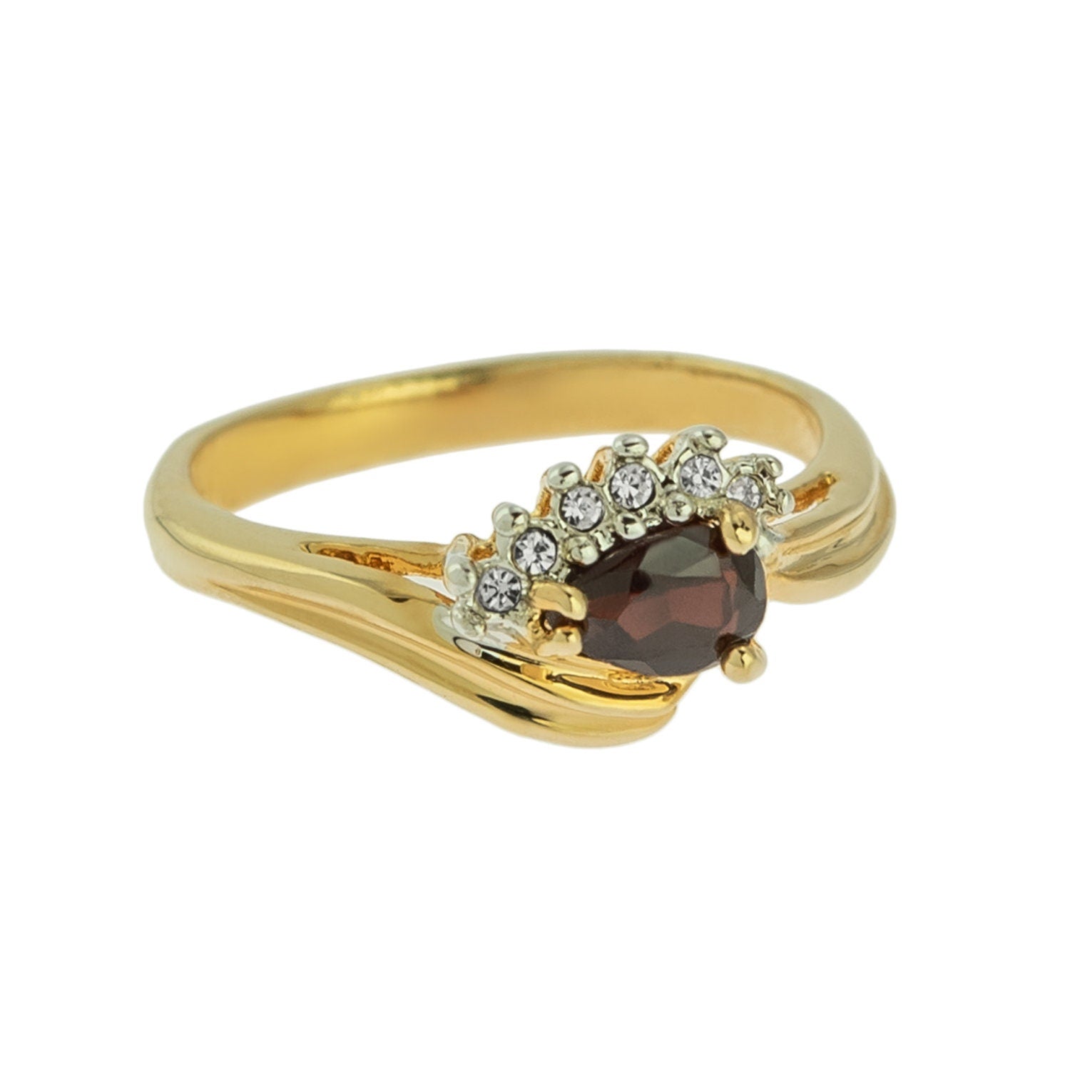 Vintage Ring Genuine Garnet and Clear Swarovski Crystals 18kt Gold Womans Antique Jewelry #R2945 - Limited Stock - Never Worn