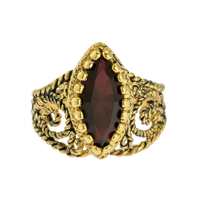 Vintage Ring Garnet Swarovski Crystal Antiqued 18k Yellow Gold Electroplated Filigree Edwardian Style Made In USA#R1444