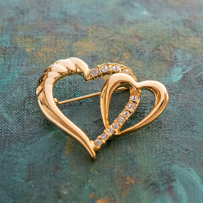 Vintage Brooch Heart Pin Clear Swarovski Crystals 18k Gold Antique Womans Jewelry