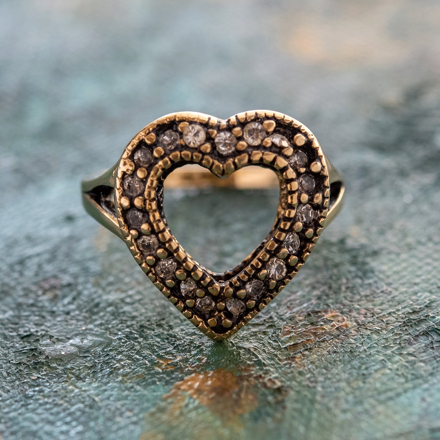 Vintage Ring Clear Swarovski Crystal Heart Ring Antique 18k Gold  R1756-CAY