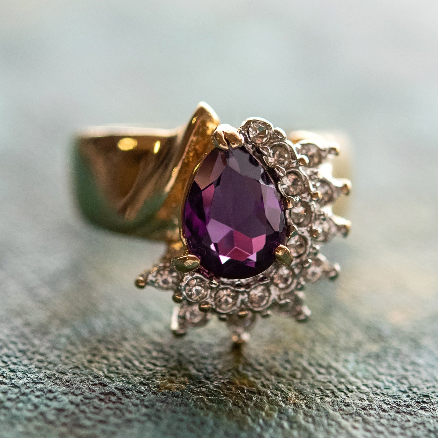 Vintage Ring Amethyst Cubic Zirconia and Clear Swarovski Crystals 18kt Gold  #R3163 - Limited Stock - Never Worn