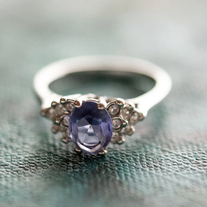 Vintage Ring Tanzanite Cubic Zirconia and Clear Crystals 18kt White Gold Silver  #R1862-TW - Limited Stock - Never Worn