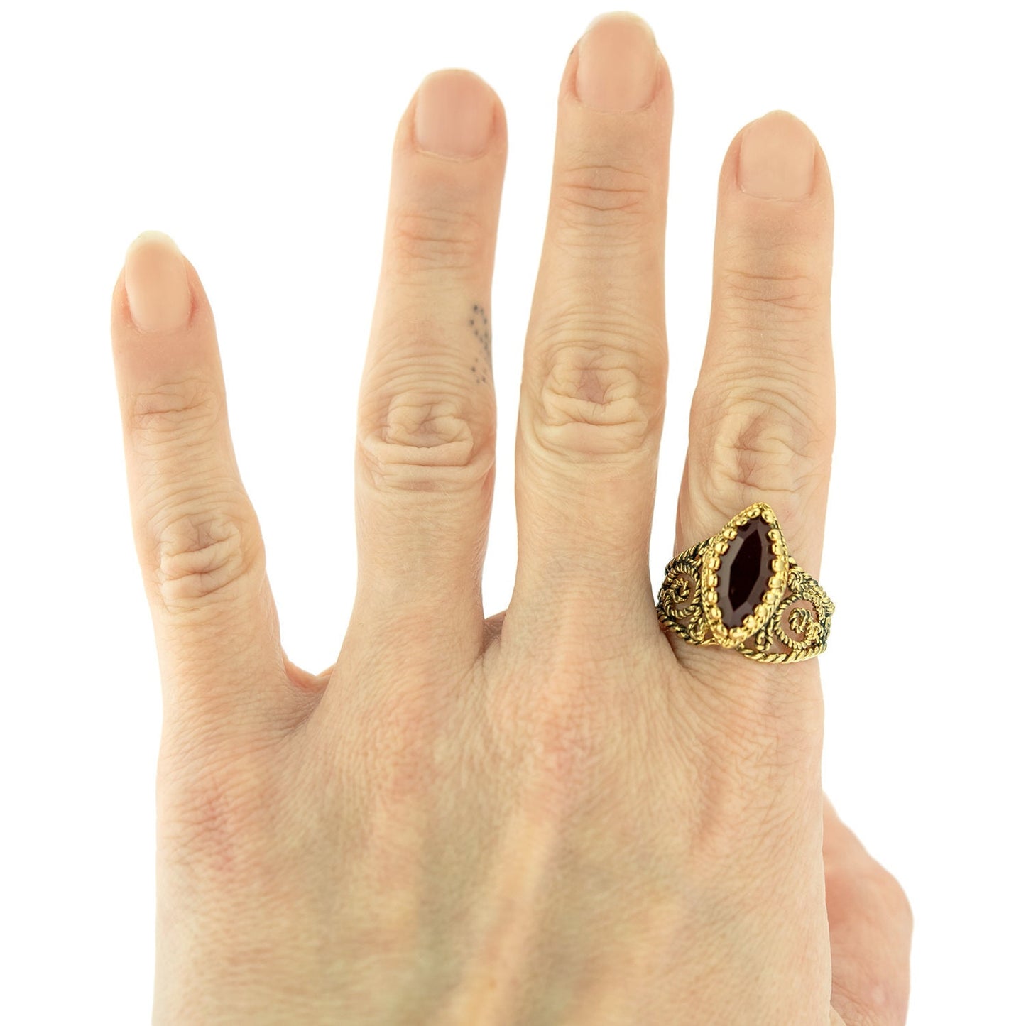 Vintage Ring Garnet Swarovski Crystal Antiqued 18k Yellow Gold Electroplated Filigree Edwardian Style Made In USA#R1444