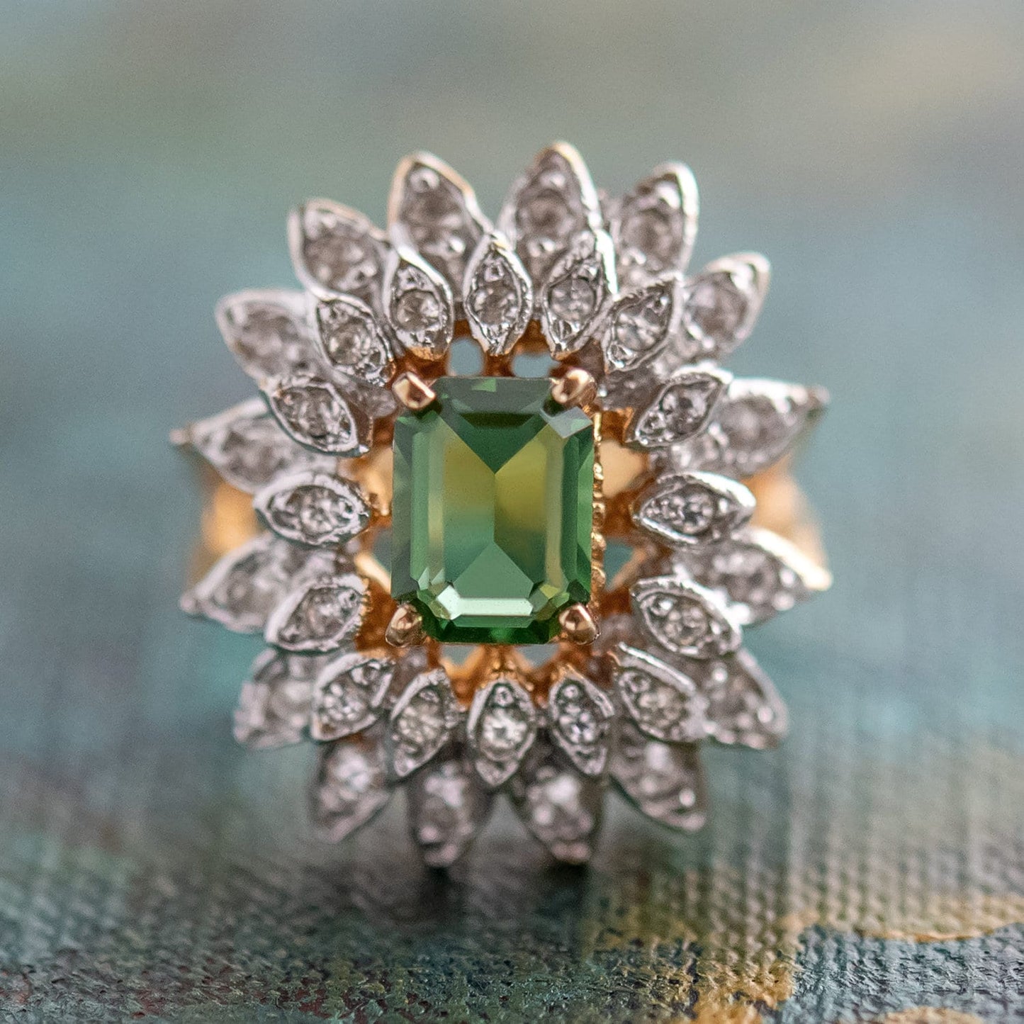 Vintage Ring 1970's Green Tourmaline and Clear Swarovski Crystals 18k Gold   #R1968-GTY