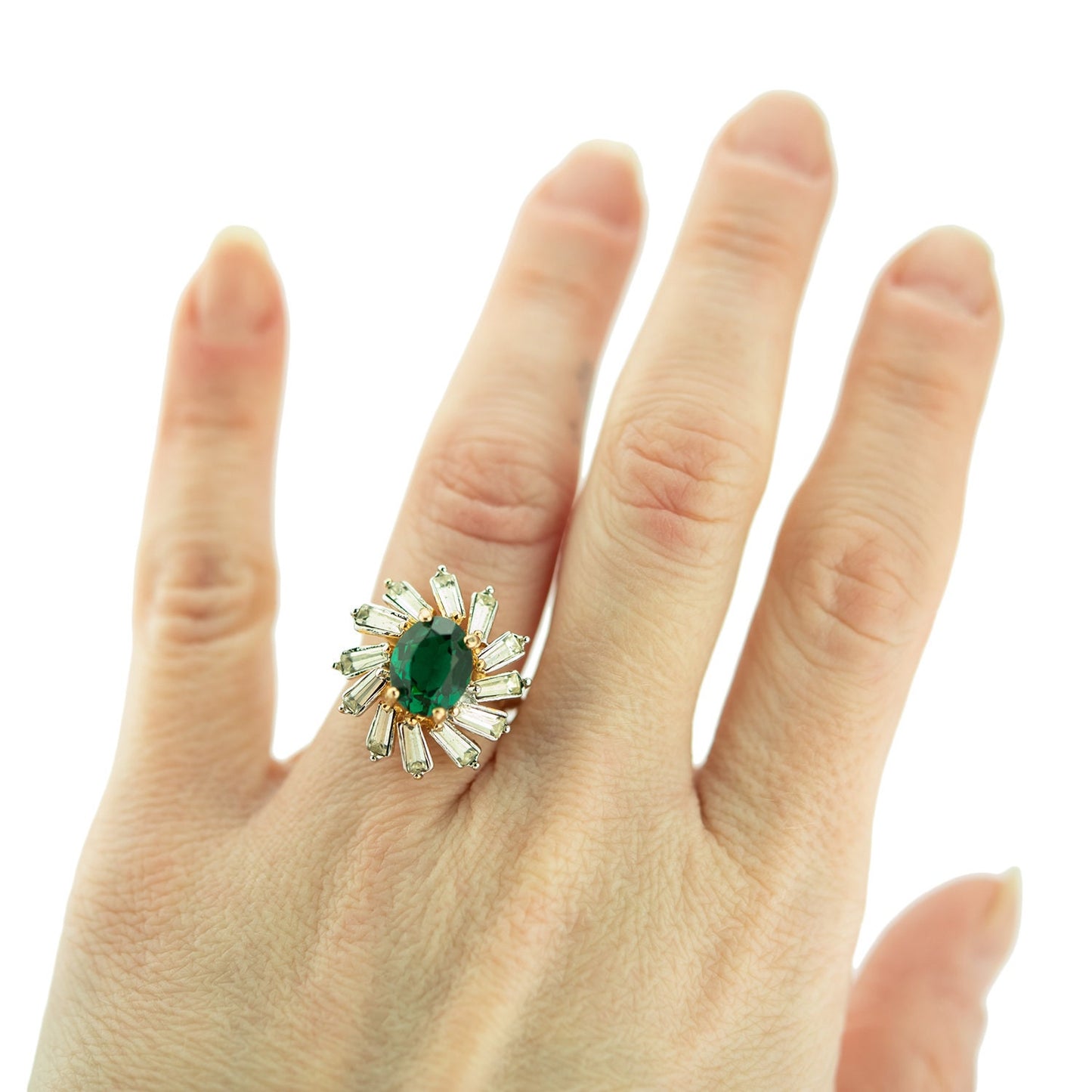 Vintage Ring Emerald and Clear Swarovski Crystal Cocktail Ring 18k Gold Made in the USA R1972-EY - Limited Stock - Never Worn