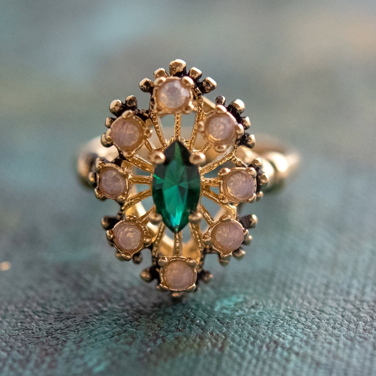 Vintage Ring Emerald and Pinfire Opal Cocktail Ring Birthstone 18kt Antique Jewelry for Women - Limited Stock - Never Worn