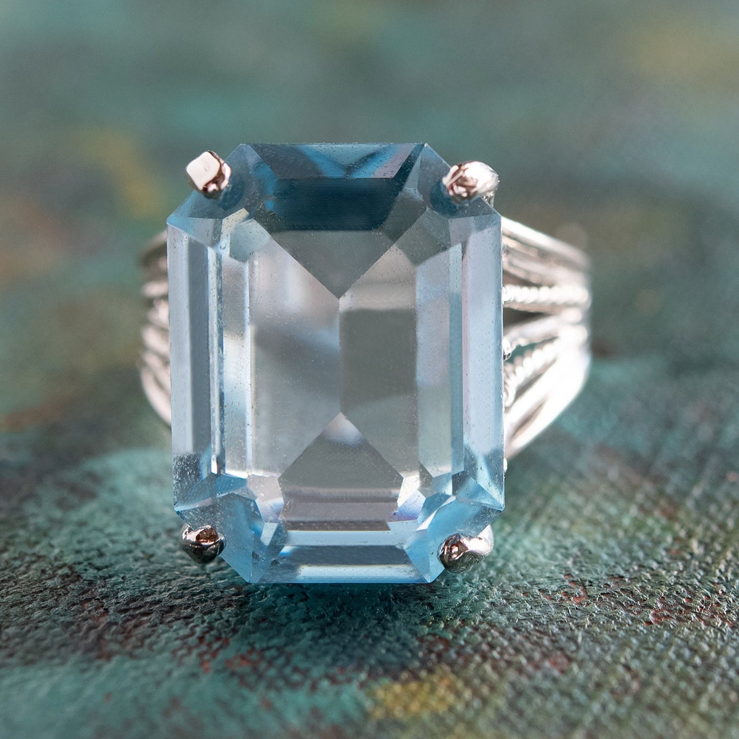 Vintage Ring 1970s Aquamarine Austrian Crystal 18k Gold Cocktail Ring #R694-AQW - Limited Stock - Never Worn