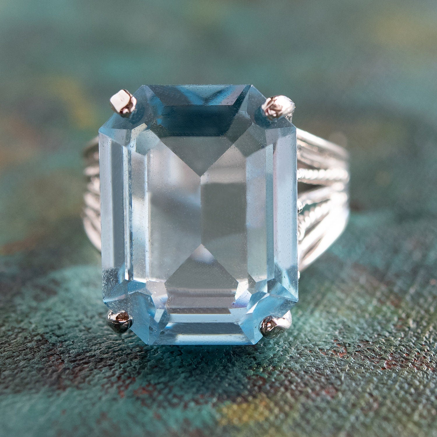 Vintage Ring 1970s Aquamarine Austrian Crystal 18k Gold Cocktail Ring #R694-AQW - Limited Stock - Never Worn