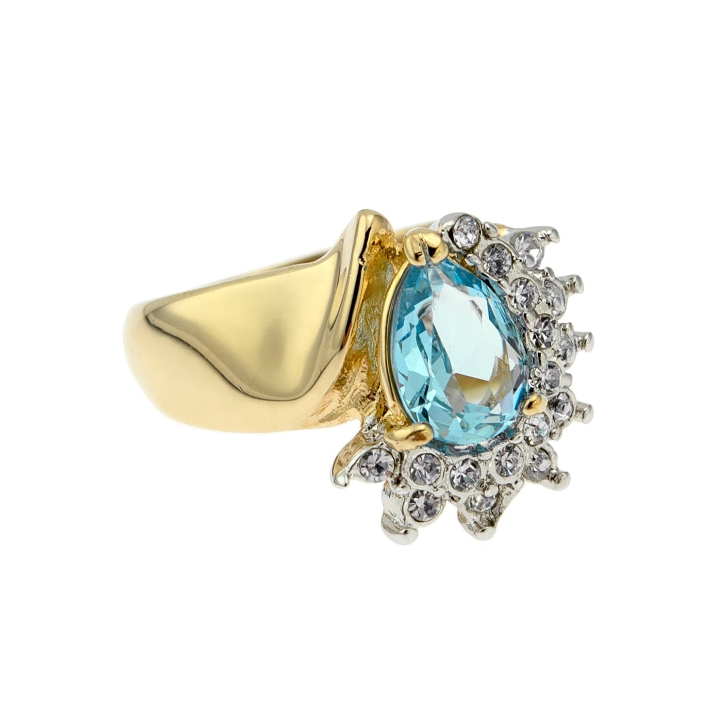 Vintage Ring Aquamarine Cubic Zirconia and Clear Swarovski Crystals 18kt Gold  #R3163-AQY - Limited Stock - Never Worn