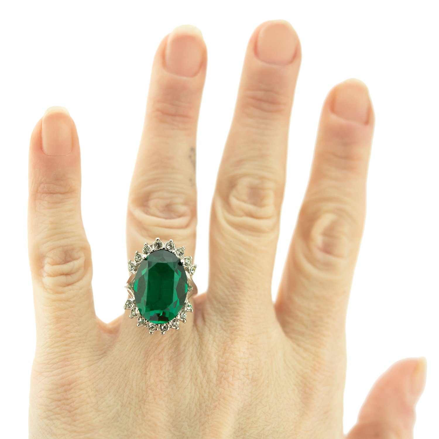 Vintage Ring Emerald Clear Swarovski Crystal Ring 18k White Gold Silver Antique Womans Handmade Jewlery R1909 - Limited Stock - Never Worn