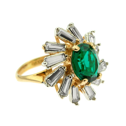 Vintage Ring Emerald and Clear Swarovski Crystal Cocktail Ring 18k Gold Made in the USA R1972-EY - Limited Stock - Never Worn