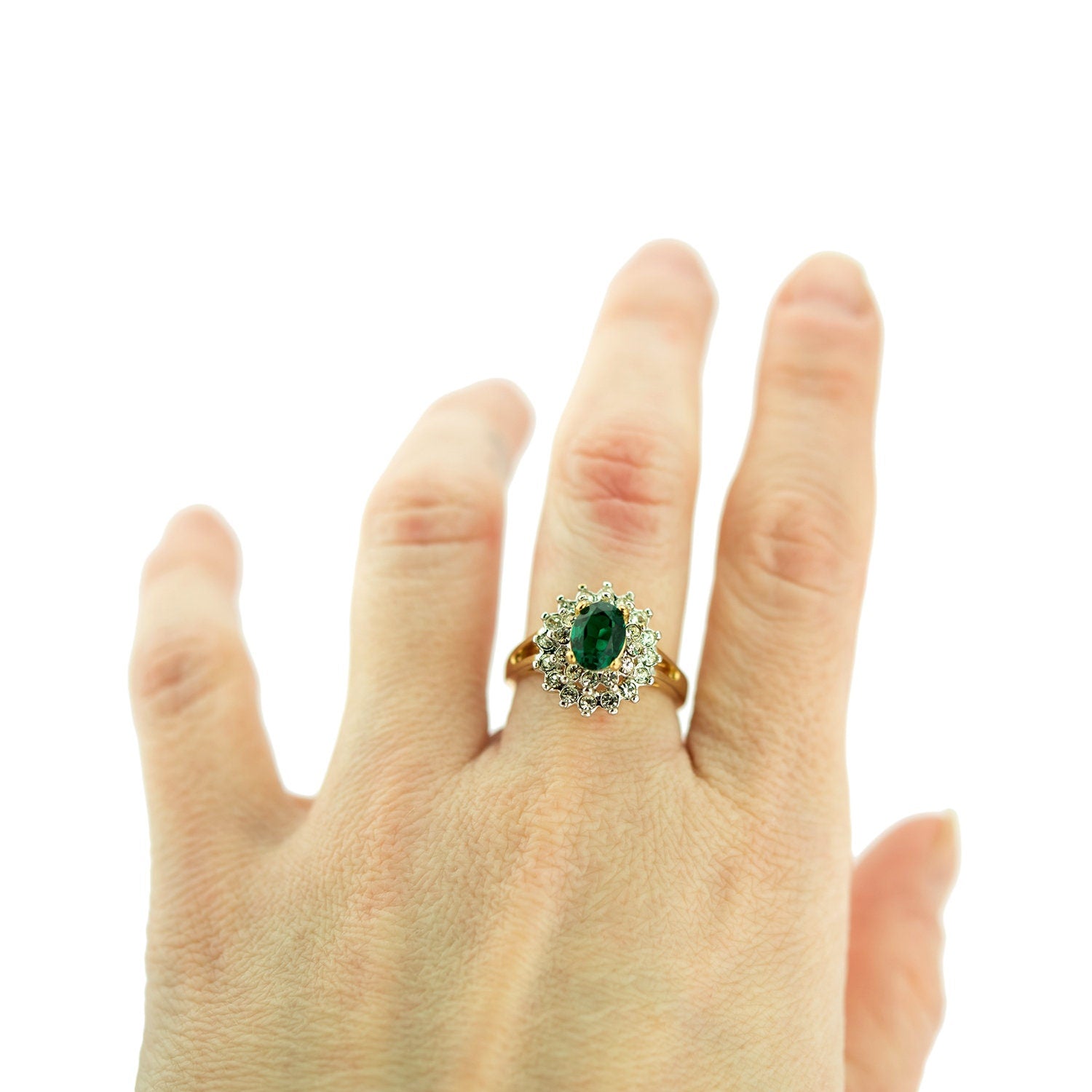 Vintage Ring Emerald and Clear Swarovski Crystals 18k Gold Antique Womans Jewelry Rings Emerald Size #R1352-EWY - Limited Stock - Never Worn