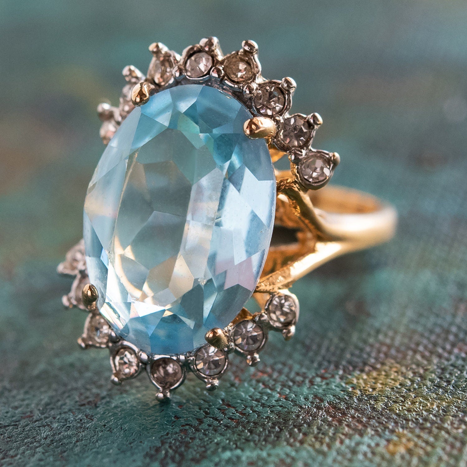 Vintage Ring Aquamarine and Clear Swarovski Crystal Ring 18k Gold Antique Jewelry for Women R1909-AQY - Limited Stock - Never Worn