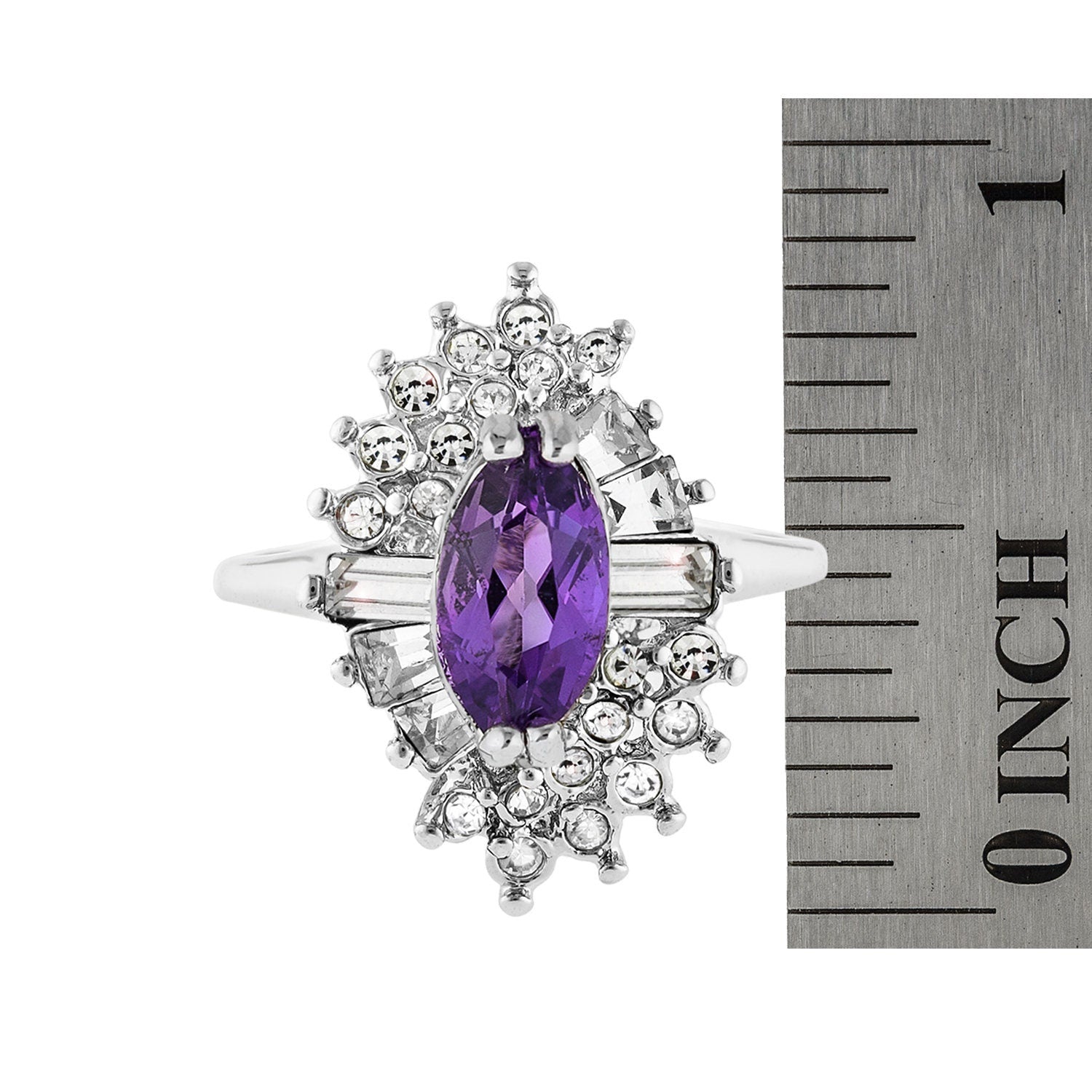Vintage Ring 1970s Amethyst and Clear Swarovski Crystals 18k White Gold Electroplate February Birthstone Antique Womans Jewelry #R1976