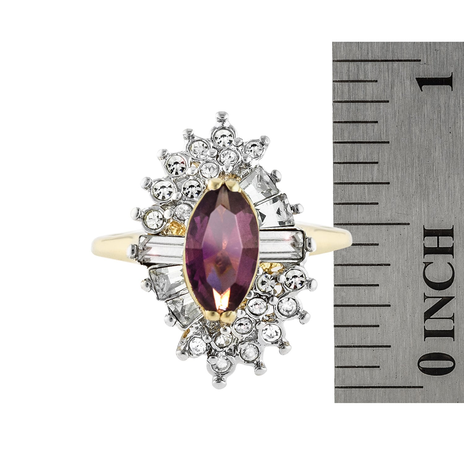 Vintage Ring 1970s Ring Amethyst and Clear Swarovski Crystals 18k Gold Electroplate February Birthstone  #R1976