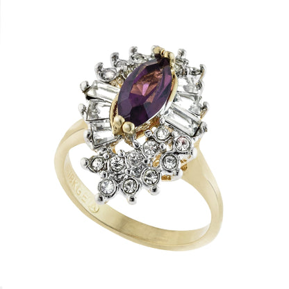 Vintage Ring 1970s Ring Amethyst and Clear Swarovski Crystals 18k Gold Electroplate February Birthstone  #R1976