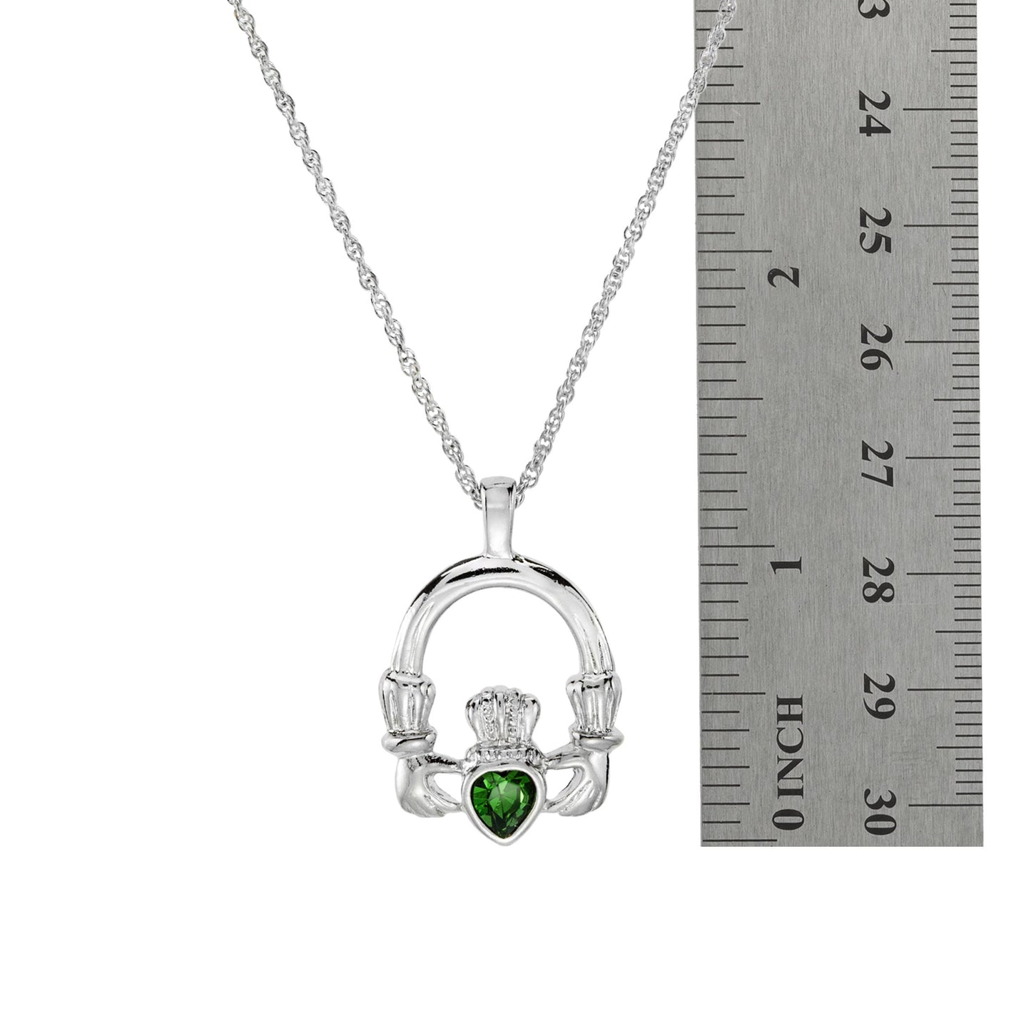 Vintage Claddagh Necklace Green Tourmaline Swarovski Heart Crystal 18k White Gold Silver Made in the USA N3099