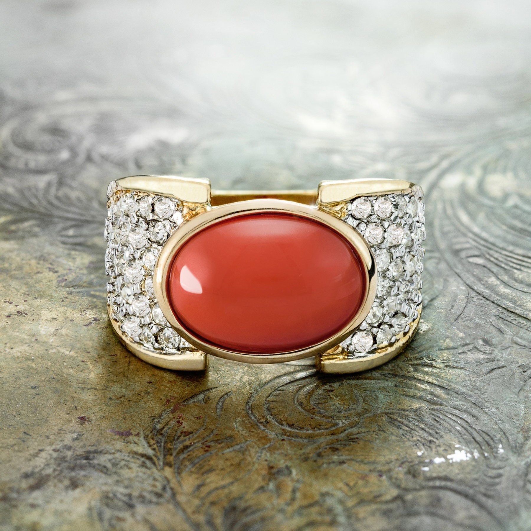 Vintage Ring Genuine Coral and Clear Swarovski Crystal Cocktail Ring 18k Gold Antique Womans Jewelry R1934 - Limited Stock - Never Worn