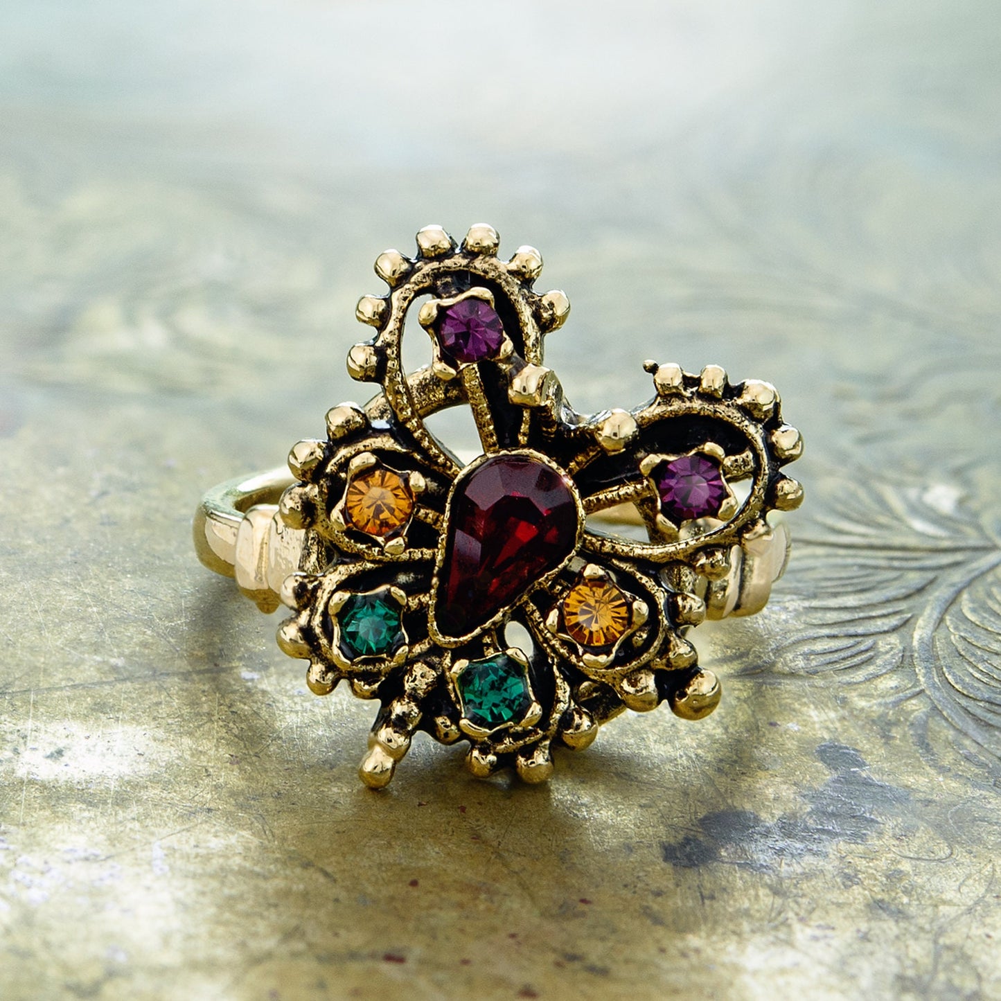 Vintage Ring Butterfly Ring Multi Colors of Swarovski Crystals 18kt Gold Womans Jewelry #R104 Size: 5