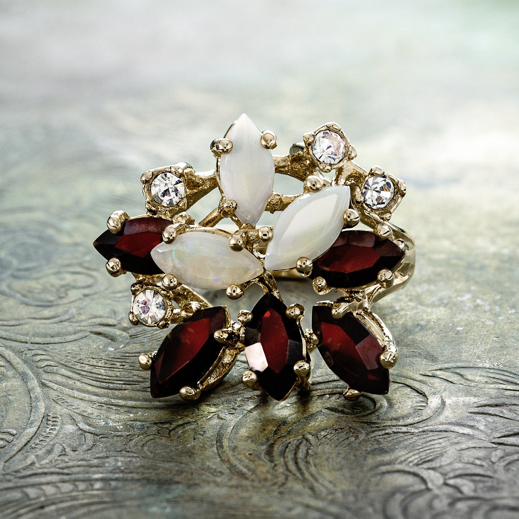 Vintage Ring Genuine Opals Cluster with Garnet and Clear Swarovski Crystals Womans Ring 18k Gold Antique  #R213