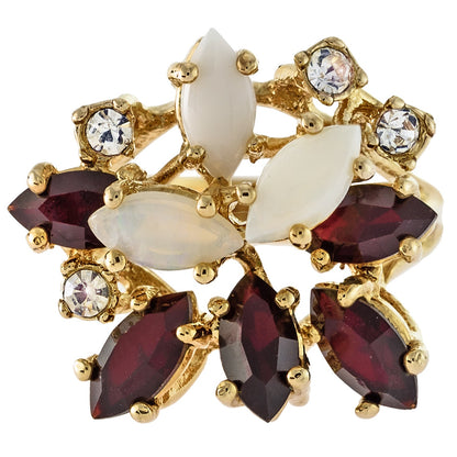 Vintage Ring Genuine Opals Cluster with Garnet and Clear Swarovski Crystals Womans Ring 18k Gold Antique  #R213