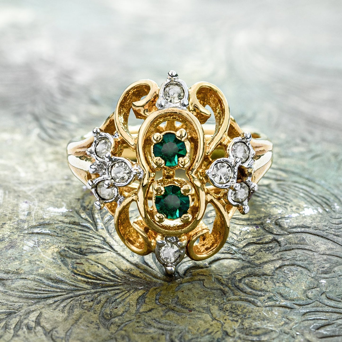 Vintage Ring 1980's Ring Emerald and Clear Austrian Crystal 18k Gold Plated Victorian Design
