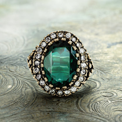 Vintage Ring Emerald and Clear Crystal Ring Edwardian Style 18k Gold Ring R169 - Limited Stock - Never Worn